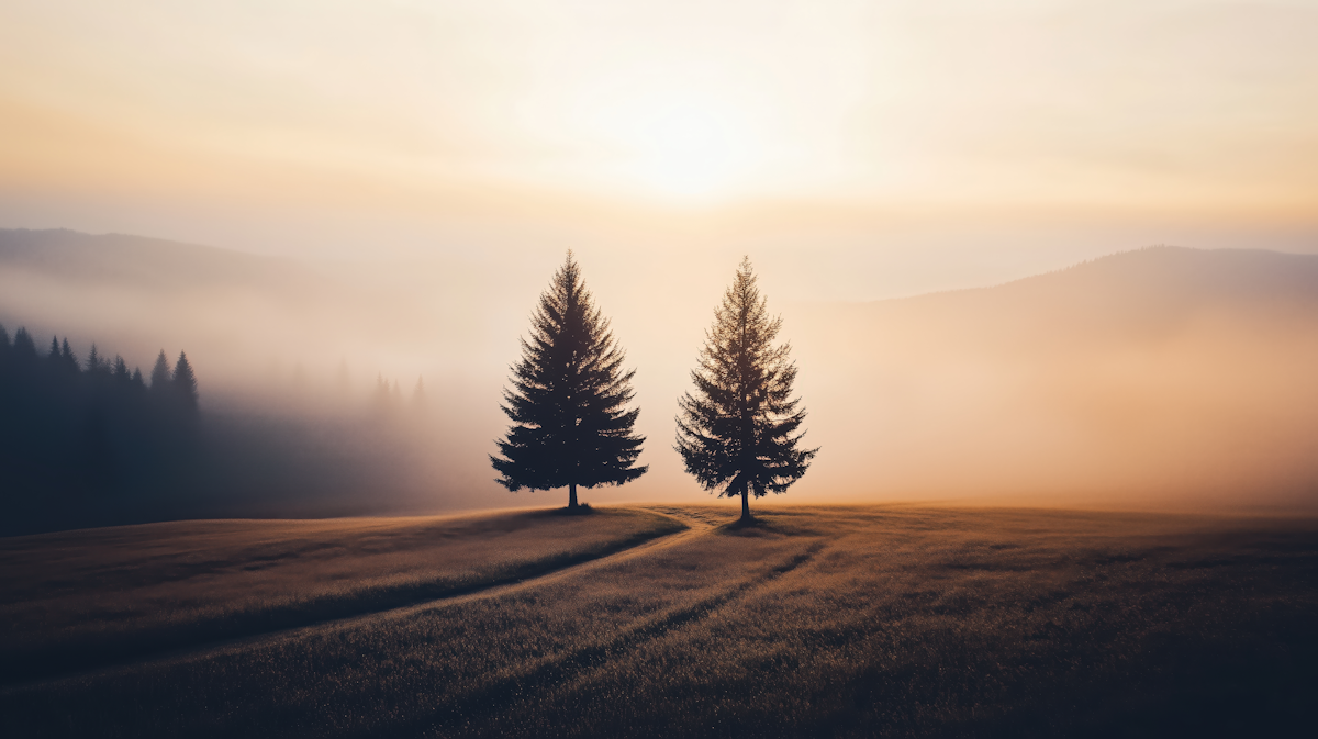 Sunny and misty field with trees in the sunrise symbolizing hope.