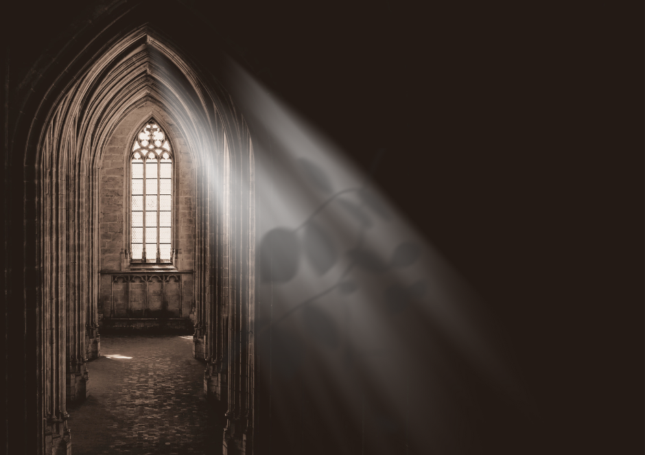 Leaf‑covered footpath winding into a misty grey‑green woodland, symbolising the heavy journey of burnout and loss of self.